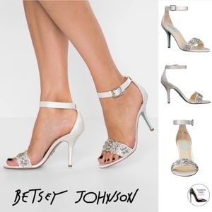 Betsey Johnson Gina Jeweled Ankle Strap Dress Sandals Ivory Satin Stiletto Heels